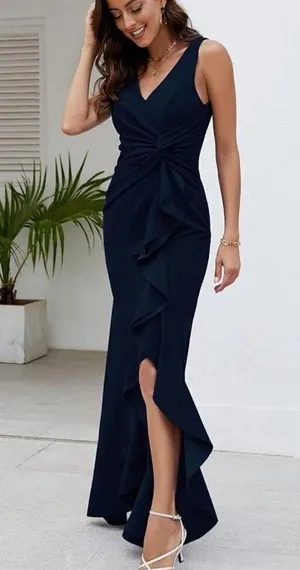 NEW Blue Evening Gown Formal Elegant V Neck Split Wrap S thumbnail 6