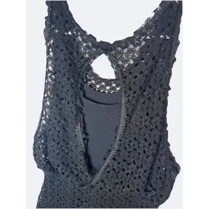 Free People Black Crochet Lace Mini Dress Open Back Sleeveless Scalloped Hem XS thumbnail 6