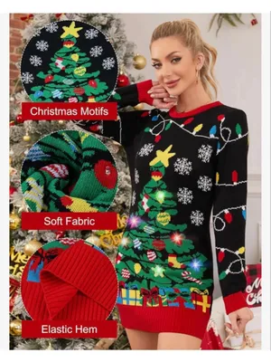 NEW Ugly Christmas Tree Sweater Dress Light Up LED M thumbnail 7