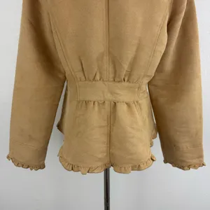 FADED GLORY Y2K Tan Blonde Faux Suede V Neck Ruffle Trim Button Up Blazer Jacket thumbnail 7