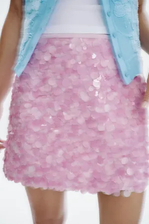 Zara pink Floral Sequin Mini Skirt thumbnail 6
