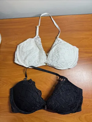 2 Victorias Secret Pushup Bras Lace Front Closure Black White Halter Neck 38C thumbnail 1