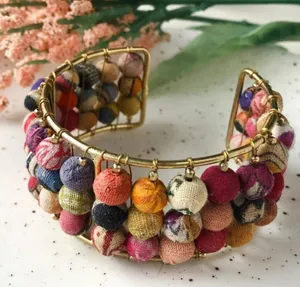 Kantha Red Gold Multicolored Fabric Pearl Bold Cuff Spiral Bracelet NWT thumbnail 1