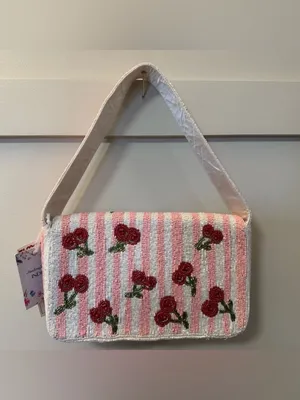 NWT Beaded Cherry Shoulder Bag Pink White Handmade India Viral TikTok Purse thumbnail 2
