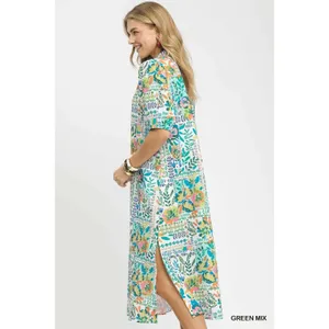 Umgee Folk Print Midi Dress with‎ Side Pockets - Small thumbnail 2