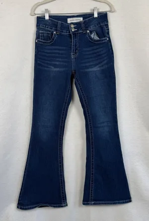 Gogo Jeans Y2k Gogo Womens Dark Wash Flare Leg‎ Embroidered Studded Denim Blue LowRise 7/28 thumbnail 1