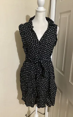 Anthropologie Tylho Dress Womens Small Black White Polka Dot Button Belted Sleeveless Pockets thumbnail 1