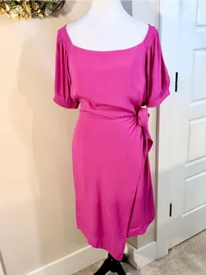 💥NWT Maeve Anthropologie Raspberry Pink Wrap Tie Waist Puff Sleeve Dress 14💛 thumbnail 13