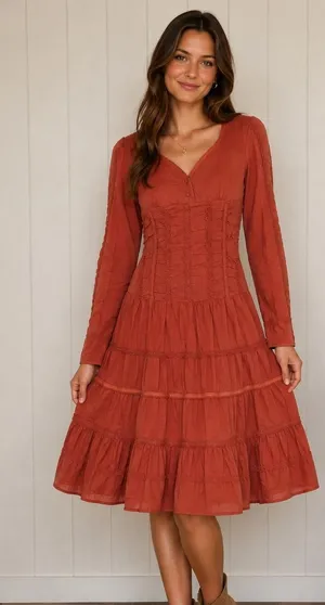 Runway 101 Terracotta Rust Cotton Smocked Tiered Midi Dress Boho Lace Trim M thumbnail 1