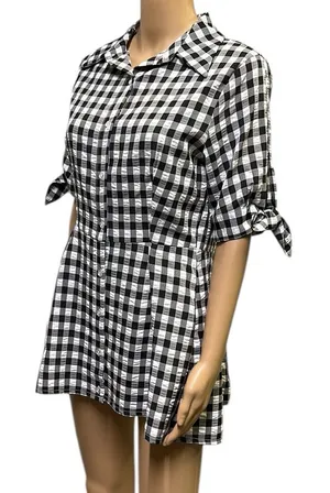 Kate Lily Gingham Short Tie Sleeve Button Up Tunic Blouse Black White Womens 8 thumbnail 1