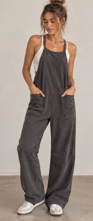 Oufeiya Charcoal Gray Wide Leg Overalls Adjustable Straps Drop Crotch Jumpsuit M thumbnail 1