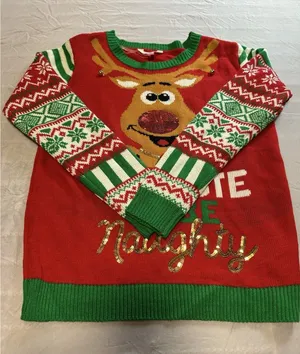 No Boundaries Too Cute To Be Naughty Reindeer Christmas Sweater Size L thumbnail 1