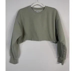 Aritzia TNA Cozy Fleece Boyfriend Cropped Pullover Sweatshirt Green Women’s Sz 2 thumbnail 5