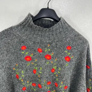 Umgee Floral Embroidered Mock Neck Sweater Women Gray Cottagecore Cozy‎ Boxy thumbnail 6
