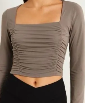 Hollister Taupe Ruched Square-Neck Long Sleeve Crop Top thumbnail 1