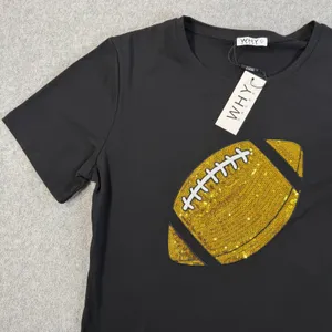 WHY DRESS Women's Large Black Sequin Football T-Shirt Crew Neck Short Sleeve Top thumbnail 3