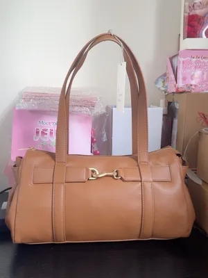 Tan Faux Leather Barrel Tote Shoulder Bag Structured Zip Top thumbnail 2