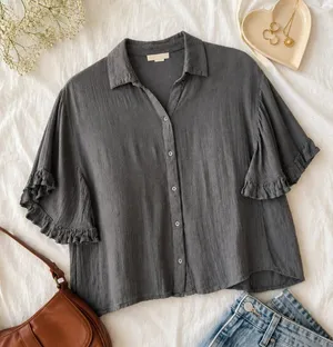 Billabong Women's Gauze Button Front‎ Top Medium Boho Ruffle Sleeve Beachy Black thumbnail 1