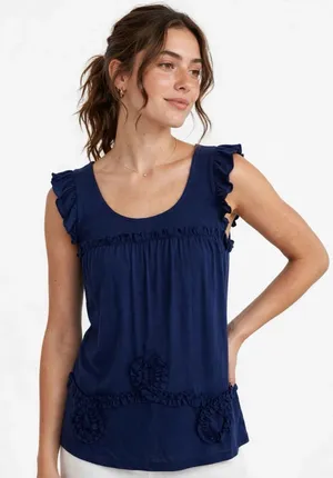 Anthropologie Little Yellow Dot Top Small Blue Short Sleeve Boho Chic thumbnail 1