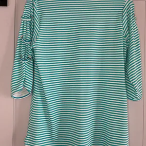 Lulu B Small Aqua Stripe UPF Top Lace Sleeve Coastal Beach Resort Cruise thumbnail 11