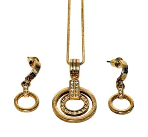 Double‎ Circle Pendant Necklace Drop Earrings Jewelry Set Gold Tone Rhinestone thumbnail 1