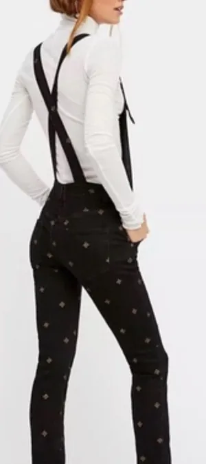 Free People Embroidered Star Skinny Overalls‎ in Washed Black Gold Size 25 thumbnail 1
