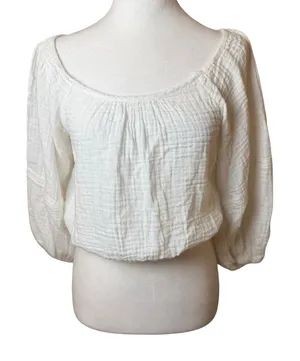 Free People White Gauzy Off‎ Shoulder Cropped Top XL Extra Large Bohemian Boho thumbnail 1