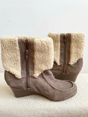 Eddie Bauer Womens Faux Fur Cuff Leather Wedge Boots Size 6.5 Tara Choc thumbnail 7