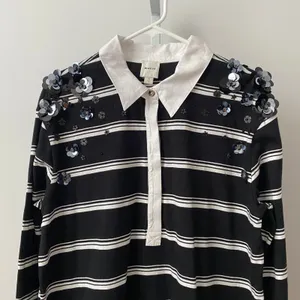 Maeve Cotton Quirky Academia Sequin Floral Rugby Shirt M Black Stripe Collegiate thumbnail 2