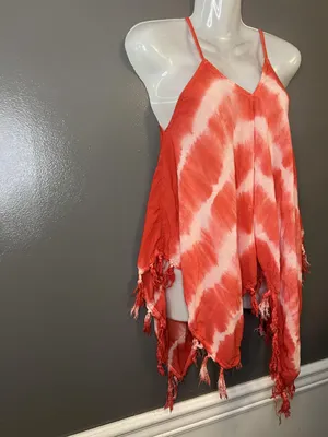 Mimi Shirt Womens Large Red White Tie Dye Cami Tassel Fringe Handkerchief Boho thumbnail 2