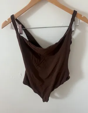 SKIMS Chocolate Brown Cowl Neck Thong Bodysuit Small Sleeveless Stretch Top thumbnail 1