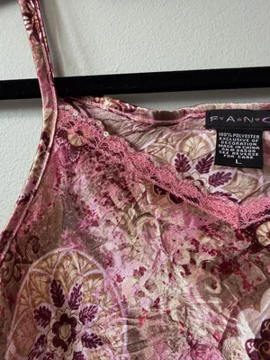 Vintage Y2K FANG Satin Floral Slip Spaghetti Strap Tank Top in Pink Brown Size L thumbnail 8