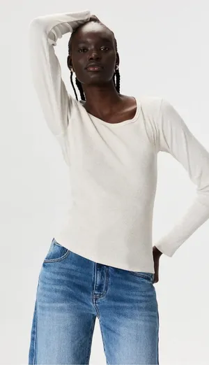 Quince NWOT Organic Cotton Ribbed Long Sleeve Crew Neck Top Oatmeal Beige Small thumbnail 1