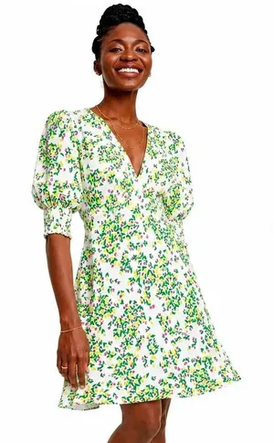 RIXO for Target Floral Tulip Mini Dress White Pink Green Smocked Puff Sleeve 2 thumbnail 1