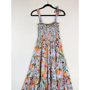 Poupette St Barth Dress Blue Midi Kleid Triny Floral Tank Tiered Smocked Boho XS thumbnail 5