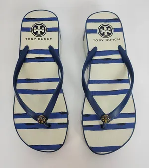 Tory Burch Womens Sandals Size 6.5 White and Blue Stripe Slip On Heels thumbnail 1