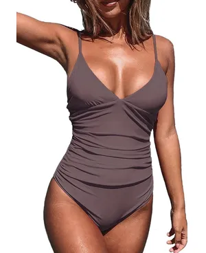 Cupshe Womens Brown Ruched V-Neck One-Piece Swimsuit ASL9035YC M thumbnail 1