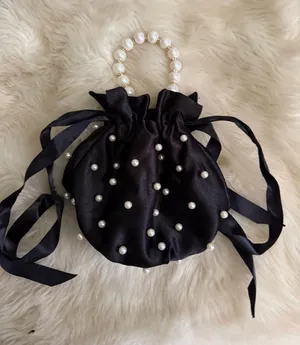 Boutique Pearl-Handle Black Satin Drawstring Satchel thumbnail 1