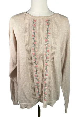 Cottage Essentials Embroidered Floral‎ Sweater Beige Ramie Cotton M Vintage thumbnail 1