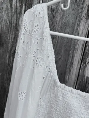 EUC LoveShackFancy Jayce Smocked Eyelet Scalloped Hem Mini Dress White Large thumbnail 6