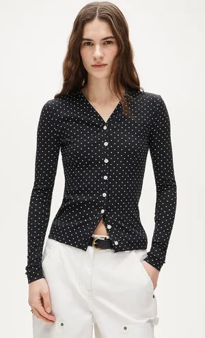 J.Crew Lightweight rib high V-neck cardigan top in dot print thumbnail 1