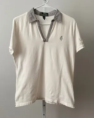 Lauren Ralph‎ Lauren L White Polo Shirt Striped Trim V-Neck Crest Active Sport thumbnail 1