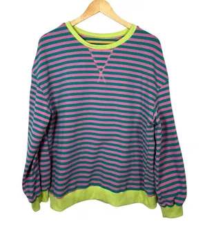 Pink Teal Striped Cotton Blend Crewneck Sweatshirt Size M thumbnail 1