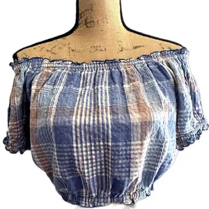American Eagle Outfitters Puff‎ Sleeve Crop Top Blue Plaid Cotton Linen Size XS thumbnail 3