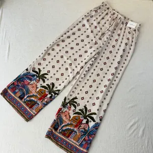 Love Wish Womens Large Wide Leg Tropical‎ Border Print Rayon Elastic Waist Pants thumbnail 2