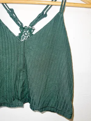 Aerie Dark Green Ribbed Lace-Back Floral Cami Crop Top thumbnail 3