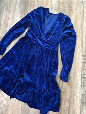 Halara Royal Blue Velvet Deep V Neck Long Sleeve Ruffle Hem Dress Size Small NEW thumbnail 6