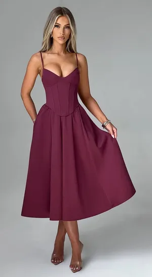 NWT Babyboo Mariella Midi Dress Cherry Lacquer Corset Fit & Flare Dress Size XS thumbnail 1