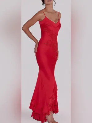 NEW House of CB Anastelle Bead Embellished Satin Mermaid red Gown Sz XS thumbnail 3