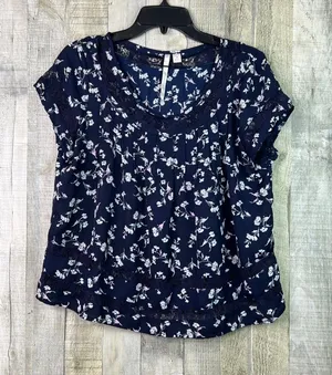 Lauren Conrad Medium Navy Blue Floral Print Short Cap Sleeves Lace Inset thumbnail 1